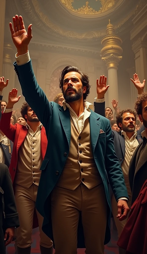 "Image d'une salle avec des hommes levant la main, jurant l'unité, symbolisant le Serment du Jeu de Paume."