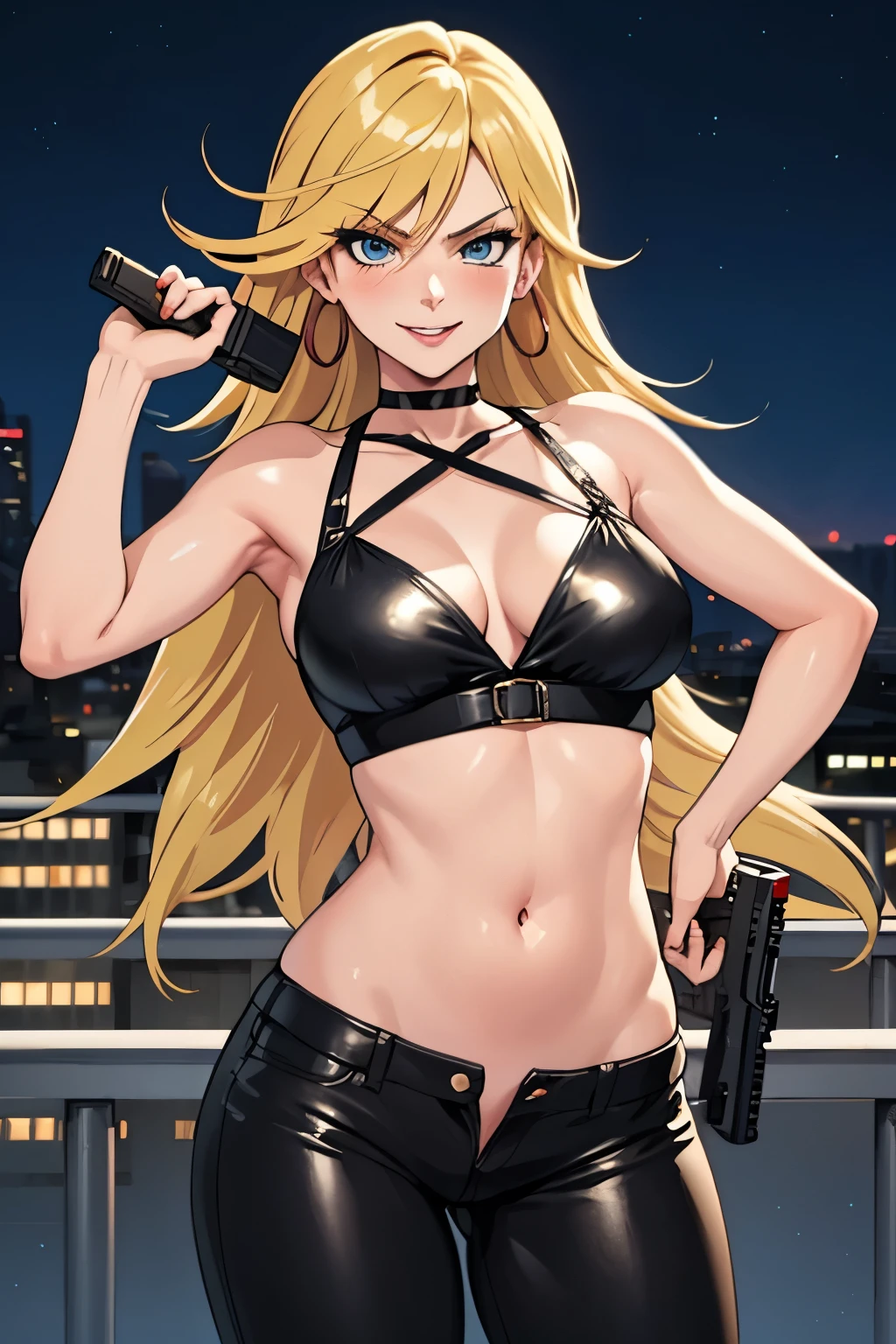  psgpanty, , hoop earrings, choker, blue eyes, blush, lipstick, long hair, Hot girl, baddie, staring, glaring, bad attitude, mean girl, crazy, smoking, mall, shopping center,indoors, smile, masterpiece, best quality, highly detailed, a girls with a gun, evil smile , open mouth, sexy gaze, badass
pose , evil smile, smile, (nsfw) not safe for work, guns blazing, anime girl with long hair, beautiful long
haired girl, navel, evil expression, exposed belly, exposed navel, exposed midriff, exposed lower belly,
long black pants, crop top, cleavage, unbuttoned leather pants ,open fly, low rise black leather pants,
leather jacket, holding a gun, holding pistol,  navel piercing