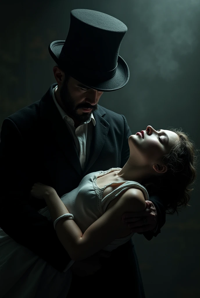 Man in top hat and short beard holding a girl who passed out during the night