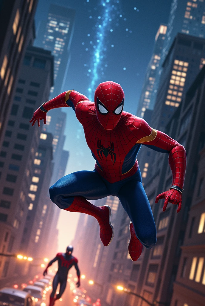 Can you make me Spider-Man swinging in a city with a starry night background being followed by a villain? 