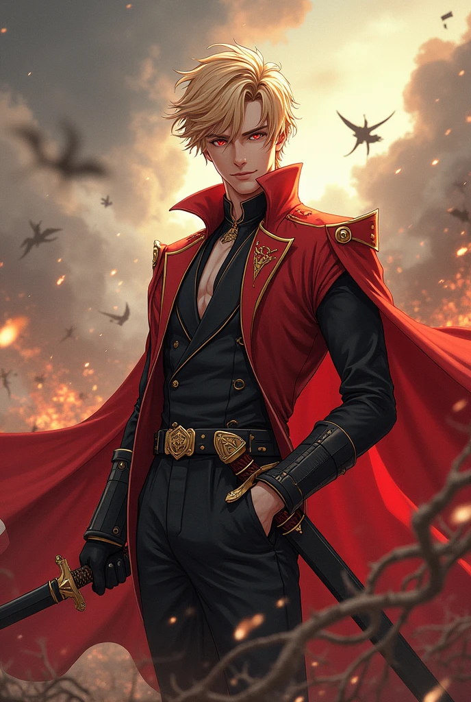 a handsome man,1 boy, Blonde hair, red eyes, at 1, young but attractive face, Modeling look but warm, with a prince's suit , with anime drawing style , with a samurai sword, in the middle of a battlefield
