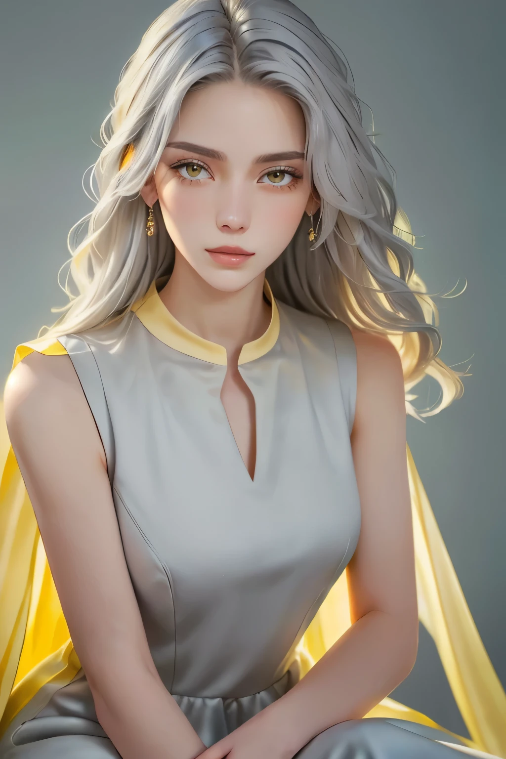 (oil, masterpiece, highest quality, Super detailed, Focus on the characters), Young woman, pale skin, ((a long gray hair)). ((a elegant yellow sleeveless dress)).  She has a serene expression. ((Looking straight ahead)), (front view), the background is a soft light blue gradient, giving the image an ethereal and calm feel, ((yellow dress)