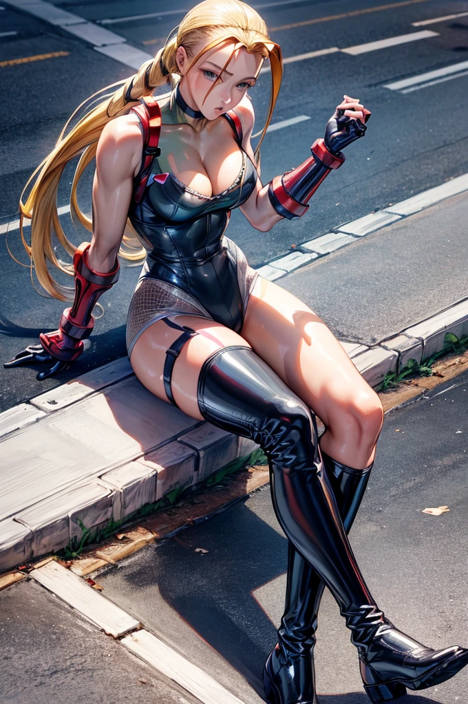 High resolution, Beautiful woman, Attention to detail, Good lighting, Obscene, transformation, (((Black latex shorts))), (((black latex thigh high boots))), black latex top, Bare abdomen, (Bare thighs), (Black latex gloves), Leather Choker, Wet shorts, (((Be incontinent))), (((Peeing))), (((Peeing on your own))), (Pee running down my legs), Pee stains, (puddle), (Thick thighs), Nice long legs, lipstick, Detailed face, Pretty face, Fascinating顔, Sexually excited, Sexually excited, ((Public sidewalks in urban areas)), Heherz,Masterpiece,8k,((cammy:1.6)),(Super detailed,High definition,long hair,ponytail,Beautiful blonde:1.6,Mature Woman),Are you okay、(Best illustrations)、8K UHD resolution、Intricate details、Highest quality、Realistic、Super detailedな、Best lighting、Best Shadow、Soft lighting、ultrahd、Ultra-realistic、Tyndall effect、Photorealistic、(High definitionスキン:1.2)、 (Intricate details, compensate, Pure Eros Face_v1:0.5), (Beautiful and delicate face down to the last detail, Beautiful and delicate eyes, Perfectly balanced face, Attention to detail肌, Detailed skin, The optimal ratio is four fingers to one thumb,Wow wow, Wide Hips, Smooth abdomen, Skinny and skinny), Detailed eyes and skin, Detailed faceの特徴, , (Sharp focus: 1.2), (Focus on the face:1.2),Perfect Style, Beautiful Face, Anatomically correct, 非常にDetailed faceと肌の質感, Detailed eyes, Exposed cleavage,Fascinating