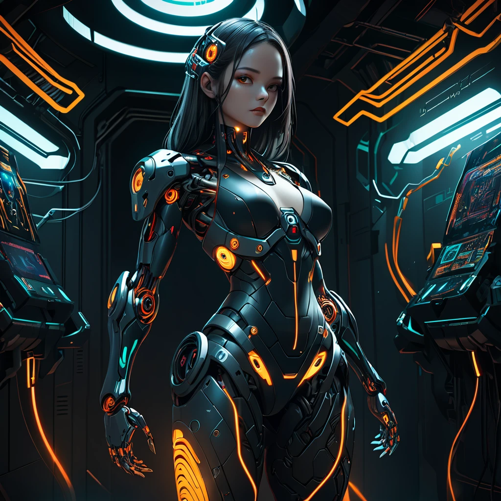 a cybernetic biomechanical girl, cyborg, intricate mechanical details, glowing circuitry, bionic limbs, futuristic, sci-fi, concept art style, dark moody lighting, dramatic shadows, neon colors, cinematic composition, highly detailed, 8k