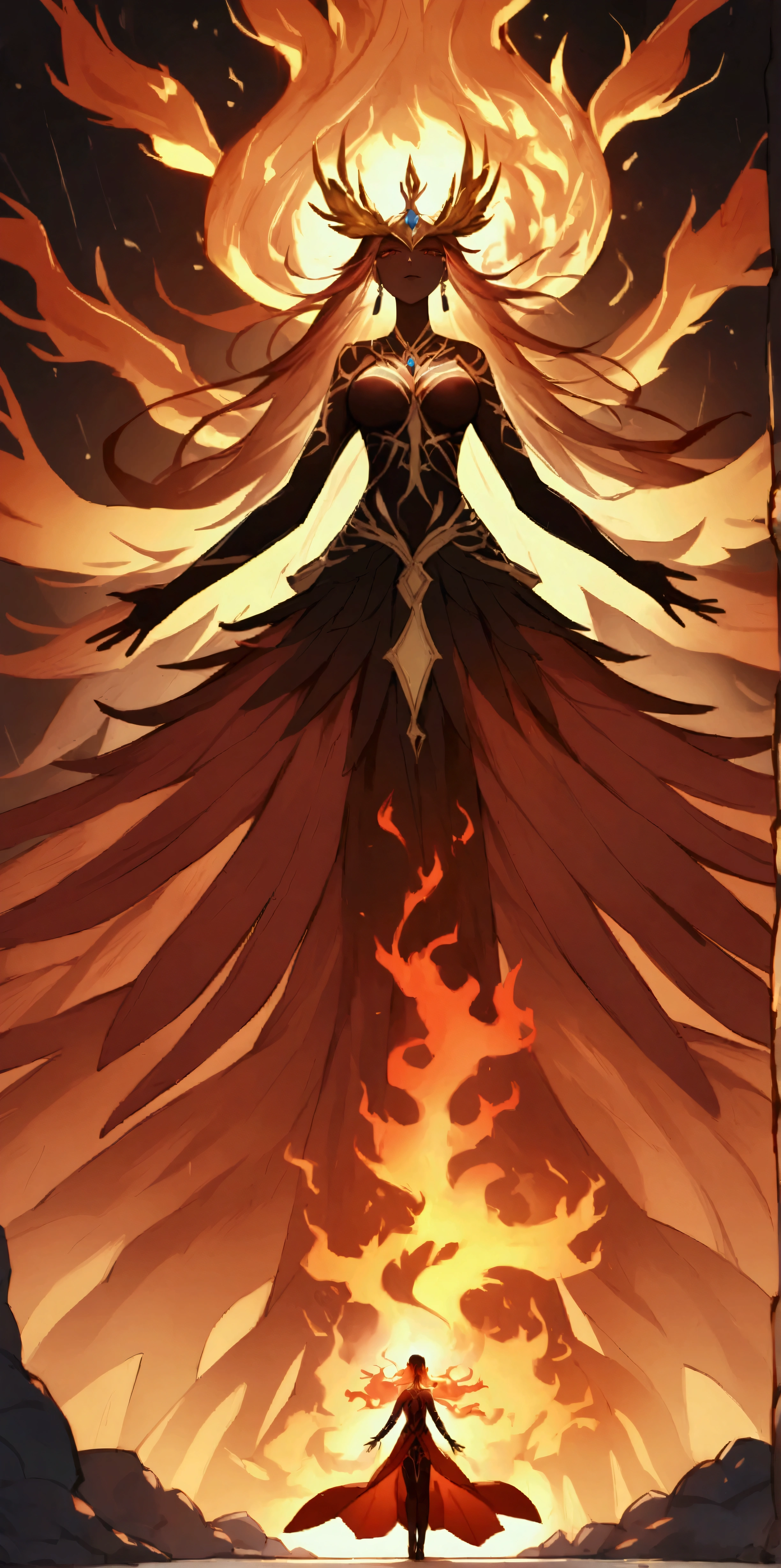 
The mythology bird Phoenix also known as the Fenghuang is a divine figure bird with a body made of beautiful flames, the whole area is in great flames and raining fire, burning everything down and starting all over again, the ruler of reincarnation and eternity, behind it a pitch-black space will be left and everything will burn up, a dazzling light will remain and a new life will begin,dynamic angle,from below