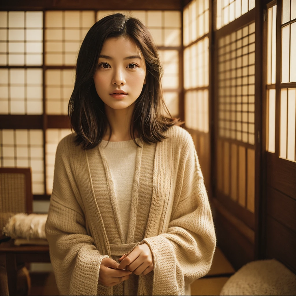 A hyper-realistic image of a single Japanese woman in her early 20s, captured with the nostalgic warmth and subtle graininess of a film camera. Her skin has a warm beige tone with a natural, slightly rough texture that includes visible pores, fine lines, and subtle imperfections such as small blemishes, adding to the authenticity of her appearance. She is standing in a cozy, softly lit room with wooden furnishings and vintage decor, reminiscent of a traditional Japanese home. The soft, diffused natural light filters through shoji screens, casting gentle, warm shadows that enhance the film-like quality of the image. Her straight, glossy black hair frames her face in a natural, slightly tousled manner, and her deep brown eyes reflect the ambient light, adding depth and emotion. The film camera effect introduces a slight grain and a softer focus, giving the image a warm, nostalgic atmosphere while maintaining the realistic texture of her skin. She is dressed simply, in a way that complements her natural beauty, with the overall composition designed to evoke a sense of genuine, understated elegance. The warm, vintage-inspired setting combined with the film-like qualities creates a serene, timeless image that captures the imperfections that make her beauty truly lifelike.