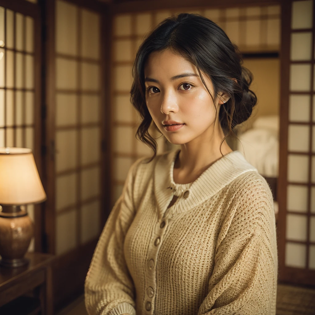 A hyper-realistic image of a single Japanese woman in her early 20s, captured with the nostalgic warmth and subtle graininess of a film camera. Her skin has a warm beige tone with a natural, slightly rough texture that includes visible pores, fine lines, and subtle imperfections such as small blemishes, adding to the authenticity of her appearance. She is standing in a cozy, softly lit room with wooden furnishings and vintage decor, reminiscent of a traditional Japanese home. The soft, diffused natural light filters through shoji screens, casting gentle, warm shadows that enhance the film-like quality of the image. Her straight, glossy black hair frames her face in a natural, slightly tousled manner, and her deep brown eyes reflect the ambient light, adding depth and emotion. The film camera effect introduces a slight grain and a softer focus, giving the image a warm, nostalgic atmosphere while maintaining the realistic texture of her skin. She is dressed simply, in a way that complements her natural beauty, with the overall composition designed to evoke a sense of genuine, understated elegance. The warm, vintage-inspired setting combined with the film-like qualities creates a serene, timeless image that captures the imperfections that make her beauty truly lifelike.