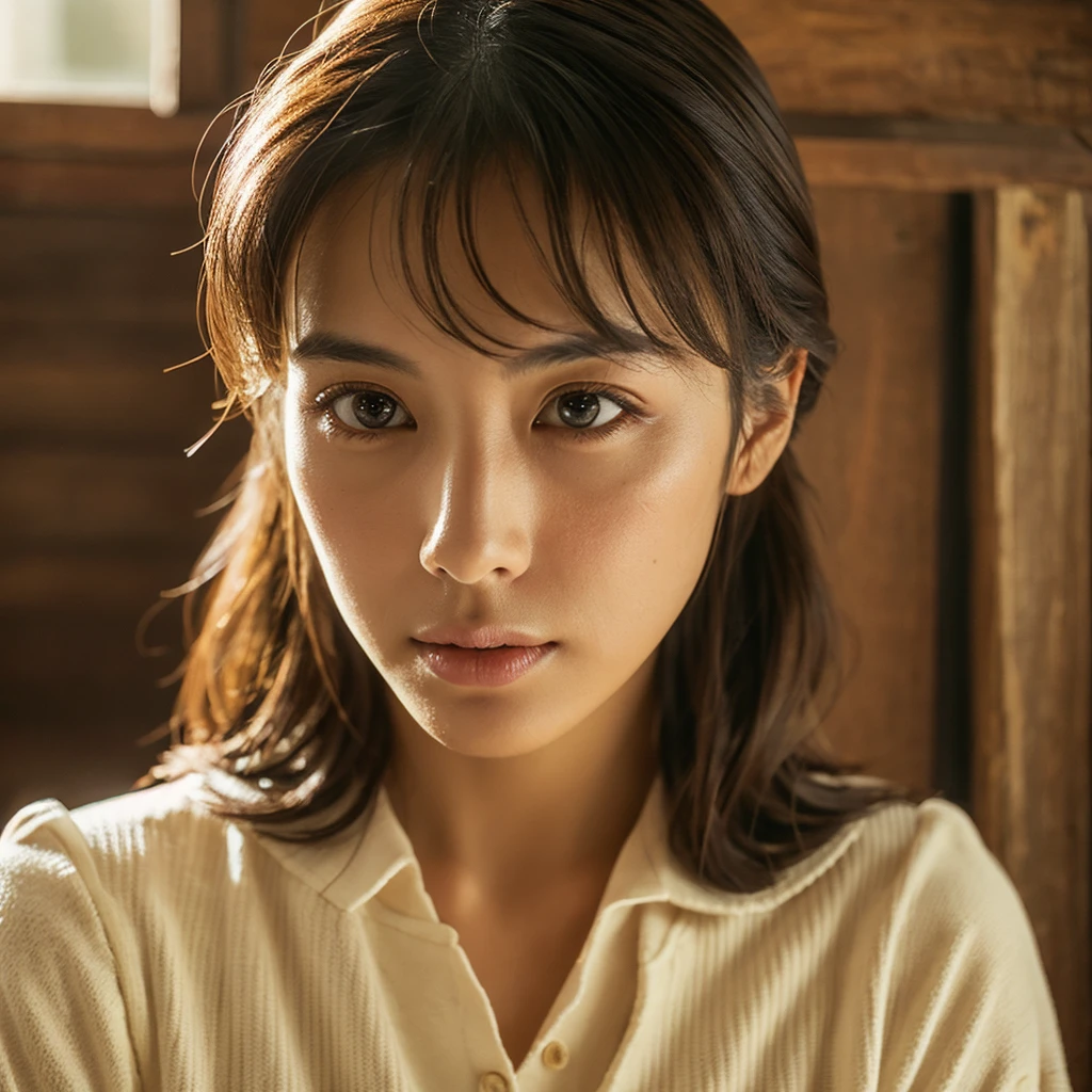 A hyper-realistic image of a single Japanese woman in her early 20s, captured with the nostalgic warmth and subtle graininess of a film camera. Her skin has a warm beige tone with a natural, slightly rough texture that includes visible pores, fine lines, and subtle imperfections such as small blemishes, adding to the authenticity of her appearance. She is standing in a cozy, softly lit room with wooden furnishings and vintage decor, reminiscent of a traditional Japanese home. The soft, diffused natural light filters through shoji screens, casting gentle, warm shadows that enhance the film-like quality of the image. Her straight, glossy black hair frames her face in a natural, slightly tousled manner, and her deep brown eyes reflect the ambient light, adding depth and emotion. The film camera effect introduces a slight grain and a softer focus, giving the image a warm, nostalgic atmosphere while maintaining the realistic texture of her skin. She is dressed simply, in a way that complements her natural beauty, with the overall composition designed to evoke a sense of genuine, understated elegance. The warm, vintage-inspired setting combined with the film-like qualities creates a serene, timeless image that captures the imperfections that make her beauty truly lifelike.