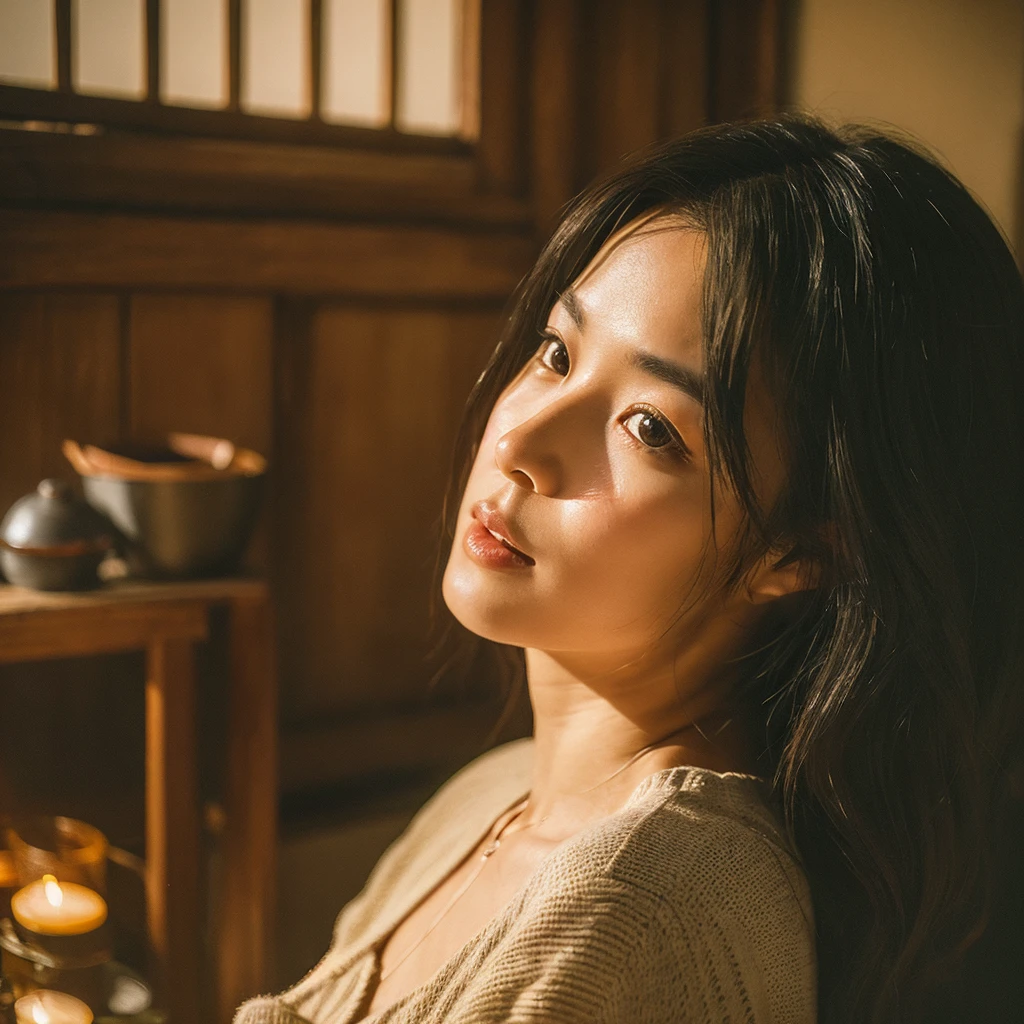 A hyper-realistic image of a single Japanese woman in her early 20s, captured with the nostalgic warmth and subtle graininess of a film camera. Her skin has a warm beige tone with a natural, slightly rough texture that includes visible pores, fine lines, and subtle imperfections such as small blemishes, adding to the authenticity of her appearance. She is standing in a cozy, softly lit room with wooden furnishings and vintage decor, reminiscent of a traditional Japanese home. The soft, diffused natural light filters through shoji screens, casting gentle, warm shadows that enhance the film-like quality of the image. Her straight, glossy black hair frames her face in a natural, slightly tousled manner, and her deep brown eyes reflect the ambient light, adding depth and emotion. The film camera effect introduces a slight grain and a softer focus, giving the image a warm, nostalgic atmosphere while maintaining the realistic texture of her skin. She is dressed simply, in a way that complements her natural beauty, with the overall composition designed to evoke a sense of genuine, understated elegance. The warm, vintage-inspired setting combined with the film-like qualities creates a serene, timeless image that captures the imperfections that make her beauty truly lifelike.