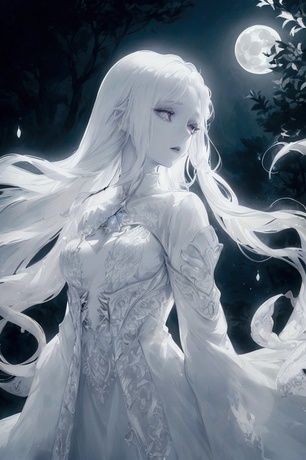 a beautiful white-haired girl, pale skin, serene expression, long flowing white dress, moonlight shining on her, detailed intricate embroidery on dress, ethereal and luminous, natural setting with moonlit forest, glowing moonlight, dramatic lighting, fantasy, muted color palette, cinematic composition, dramatic shadows, highly detailed, photorealistic