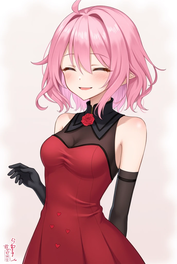 a girl with pink hair, that is depicted in an anime or game style. She has slightly wavy hair, that reach to the shoulders, with longer strands on the sides. She wears an elegant, red dress with black details. The front of her outfit has a rose decoration on the collar and a heart pattern. Her arms are partially visible and she wears black gloves, that cover their forearms. She giggles in love