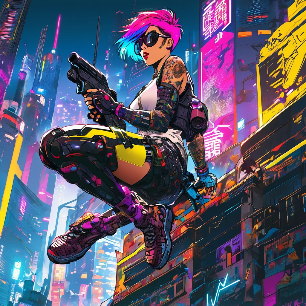 1 cyberpunk girl, sunglasses, short hair, robotic arm, tattoo on a large part of the body , jump from a building ,big cyberpunk city at night in background, detail richness, masterpiece, best quality, explosion of flashy colors , cyberpunk 2077 style