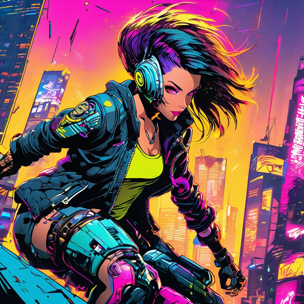 1 cyberpunk girl, sunglasses, short hair, robotic arm, tattoo on a large part of the body , jump from a building ,big cyberpunk city at night in background, detail richness, masterpiece, best quality, explosion of flashy colors , cyberpunk 2077 style