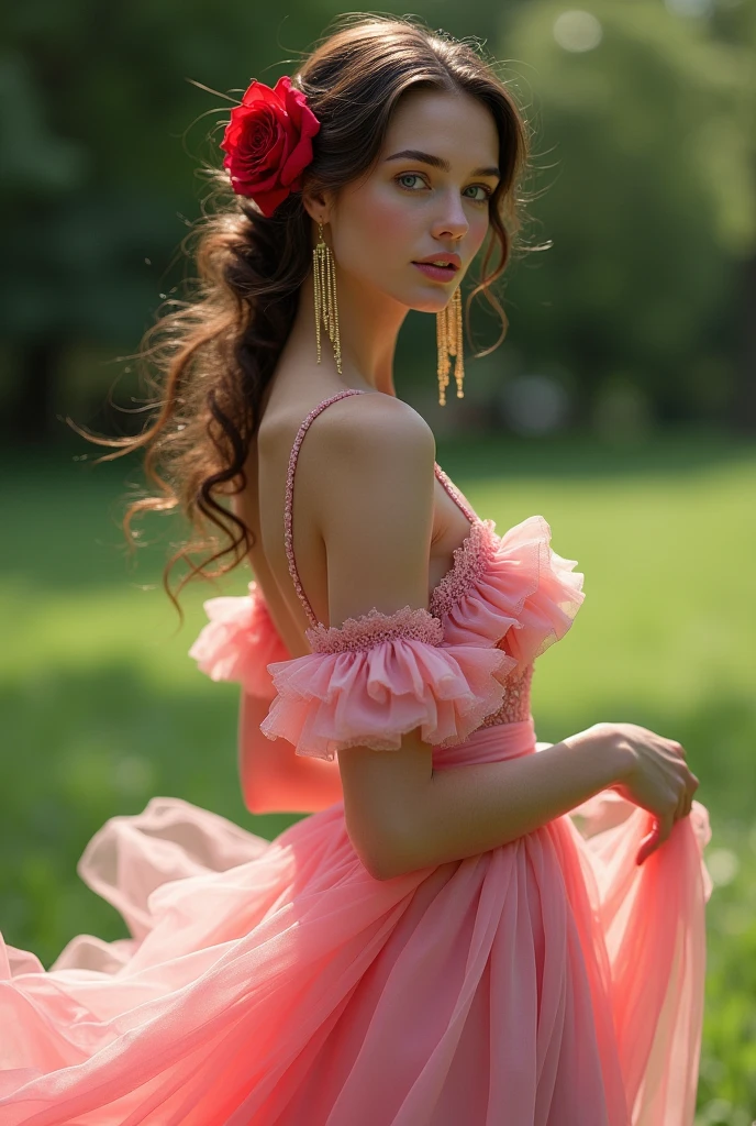 Woman Jennifer connelly Young 20 years old model long hair Brow bun with red rose in hair n blue eyes dress Pink ballet flamenco sevillana ruffles lace Pink long gold earrings in park 