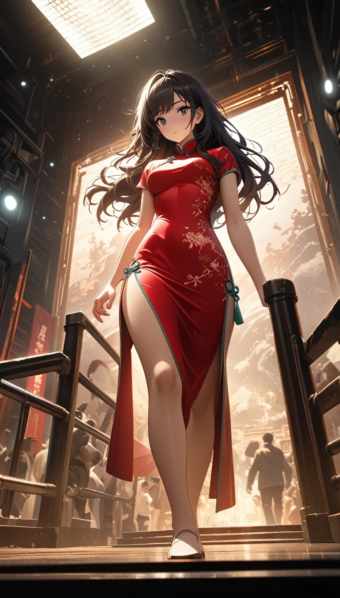 Cheongsam Girl，Long Hair，Pure white background，Depth of written boundary，Low angle view，Calf Level View，Overclocked Renderer，Cinema Lighting，Ultra-fine，Very detailed，complicated，Cinematic Perspective，CG Art，Side zipper