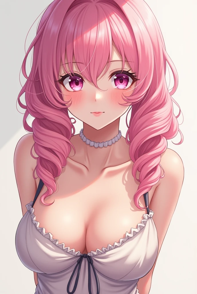 pink eyes and slit pupils and matching pink colored hair styled in low curly twintails.has a generous bust. 1 girl, anime