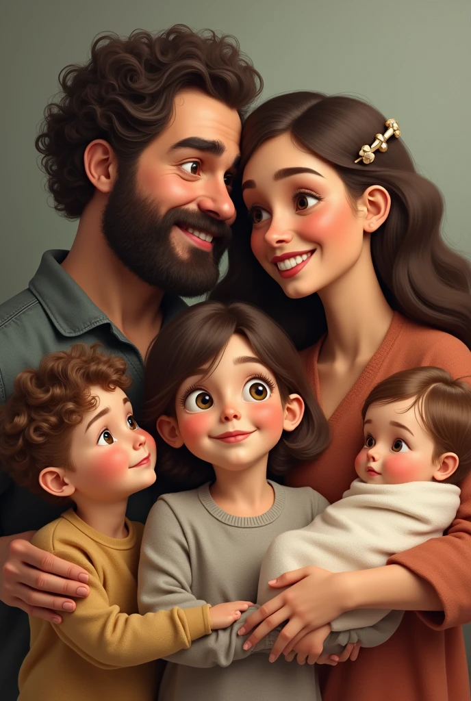 family photo with a father with curly hair and a beard and a plump and beautiful mother ,a 1 daughter and pretty , a 1 son and a baby