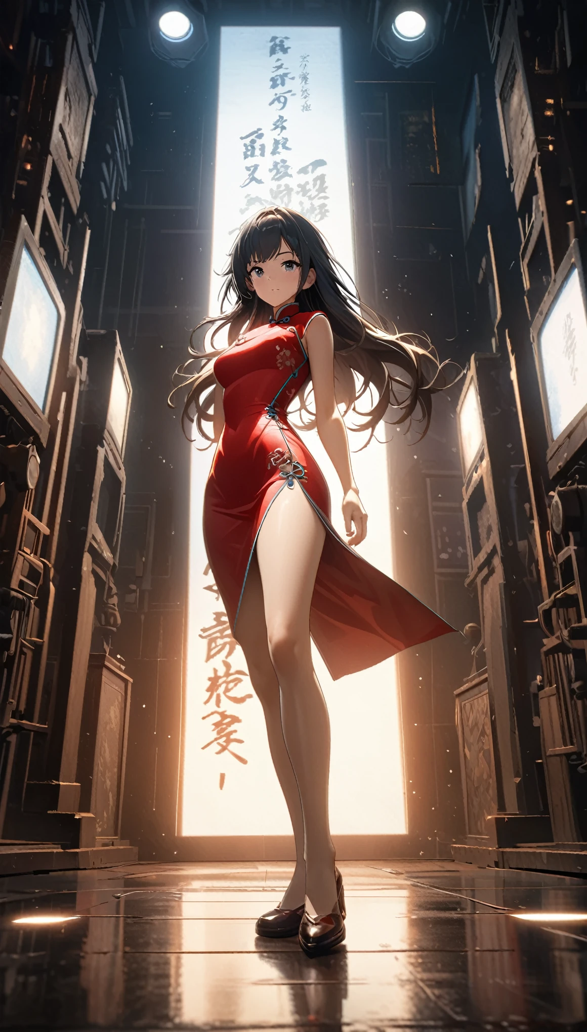 Cheongsam Girl,Long Hair,Pure white background,Depth of written boundary,Low angle view,Calf Level View,Overclocked Renderer,Cinema Lighting,Ultra-fine,Very detailed,complicated,Cinematic Perspective,CG Art,Side zipper