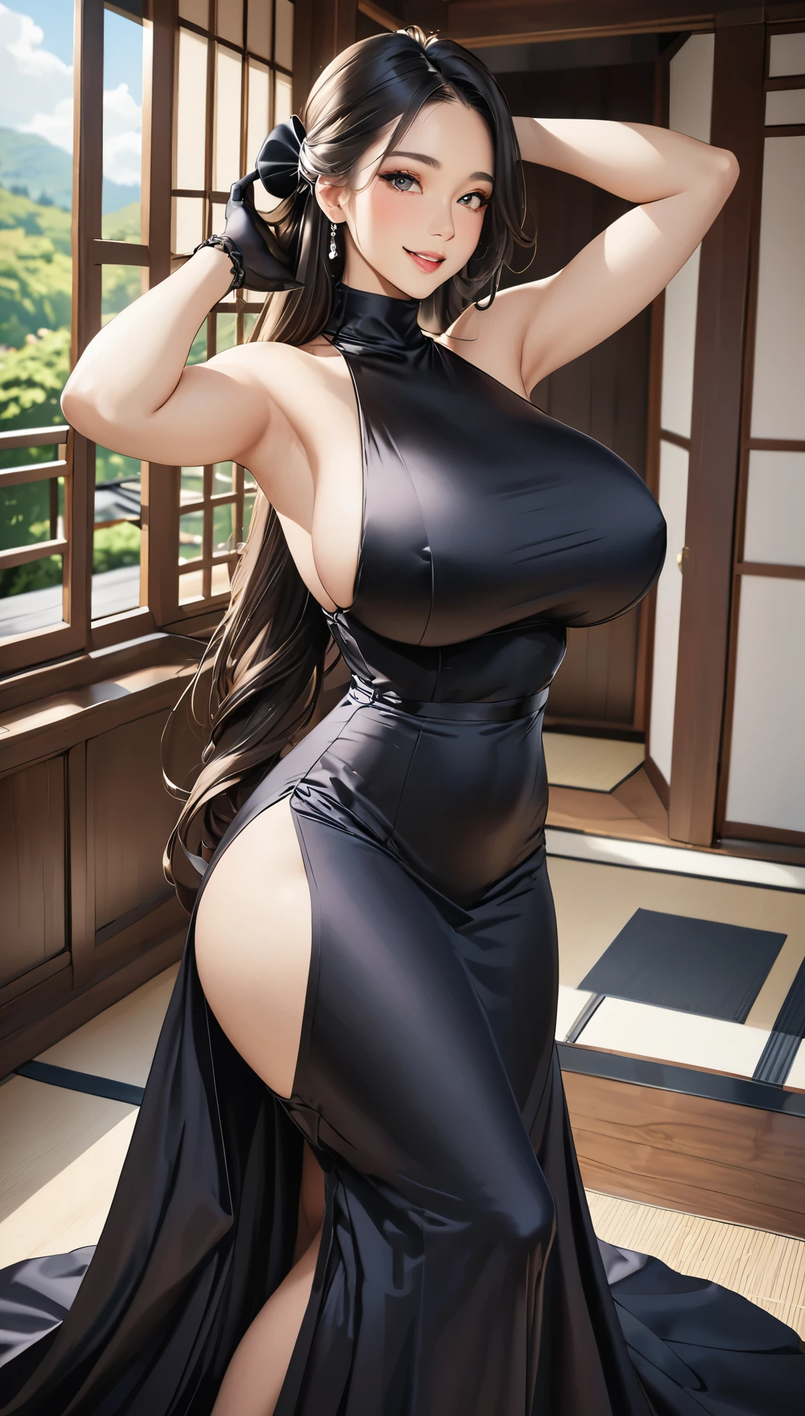 (masterpiece,Highest quality,Ultra-high resolution),Japanese women,Smiling, (((A very beautiful 2))),Big Breasts、Breast bag、((Black high-neck long dress in satin)),(Tight fit),No sleeve、Satin opera gloves、Satin knee-high socks、Satin has a very strong sheen、Place your arms behind your head