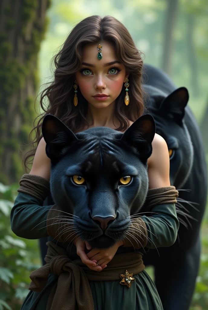 A girl with wavy chocolate-colored hair and green eyes and gemstone earrings protecting a black panther with brown eyes named Melissa