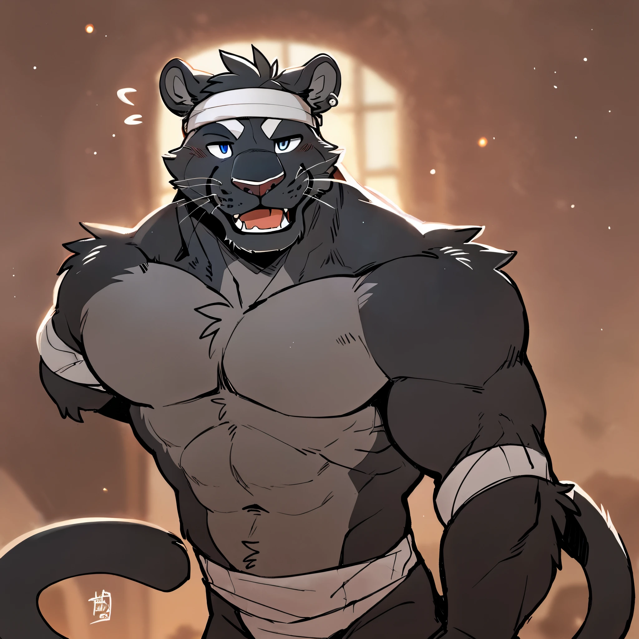 by takemoto arashi, ((full body)), (1boy), solo, male anthro, kemono, hot body, hunk, sexy, bara, handsome boy, (masterpiece, high res, best quality, watercolor shading), 4k, soft skin, Physical man, furry art, professional furry drawing, (((black panther, plain black fur all over his body solid black fur, soft muscle definition, self-black cat, small chest, miniscule lat miscles, stubby arms, short limbs, wide lean waist, very short thick scruffy fur))), scars on one shoulder, thick hands, short round muzzle, chewing on toothpick, tiny twig in his teeth, major overbite, large chin, short round snout, tired eyes, tiny lines for pupils, thick white eyebrows, round pierced bear ears, perfectly circular front facing bear ears, small gold cuff earrings on one ear, helix ear-piercing, orbital ear piercing, thin cat nose, white sumo garb, thick bulky waistband, ((white short narrow headband tied around his forehead, white hachimaki, thin white sweatband on his forehead)), flat stomach, tuft of white hair between his pecs, (thin white mohawk), thin white pubic hair, small white treasure-trail, (((black underbelly, his underbelly is the same color as the rest of his body, one color fur, solid color body, black torso and mouth, perfectly square silhouette))), bored emotion, neutral expression, calm face, closed mouth