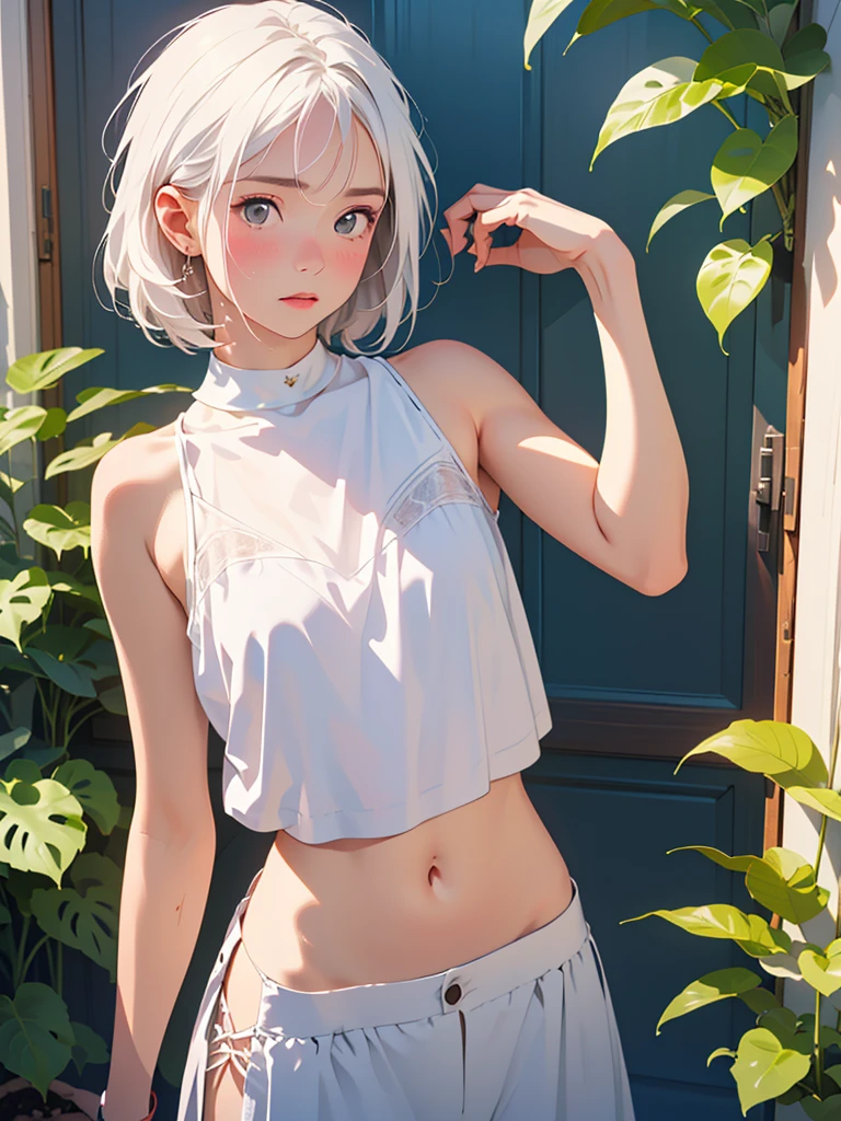 Low Leg, Low rise, albino, (((Realistic images))), Translucent white skin, White camisole, ((girl, Upper body angle)), the skin is transparent, Make the expression more realistic, thin, Soft and smooth white hair, Highlight wrinkles in clothing, Highest quality, High resolution, Extremely detailed 8K, (Ultra HD, Very detailed, Very detailed, Very Realistic, Ultra-realistic, Realistic), One Girl, One thumb, View 4 books, The underwear you are wearing is very soft and pleasant to the touch...., Stagnation, beautiful girl with a slim body, Waist-length white hair, Gray Eye Room, Chic monochrome room, Foliage plant,