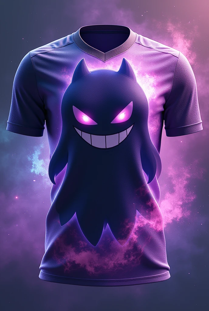 Gengar themed football shirt in purple base colour, around the image of gengar a nebula