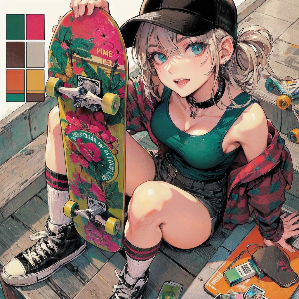 masterpiece, (textured skin), best quality, gorgeous beautiful girl, (a female skateboard athlete), detailed clothes,large breasts,narrow waist,, (beautiful face), cinematic lighting, (at skateboard venue ),