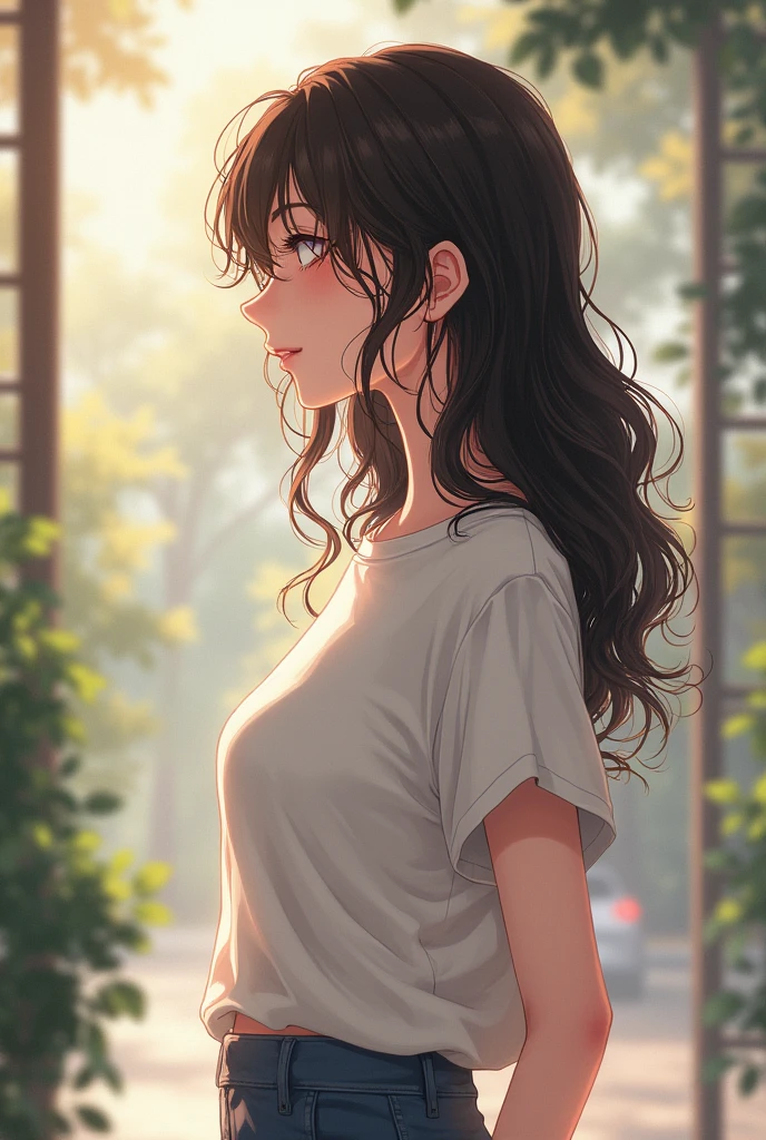 A beautiful girl standing, her body language is like she was talking to someone, she wears casual outfit, full body, realistic portrait, anime style, profile or side view