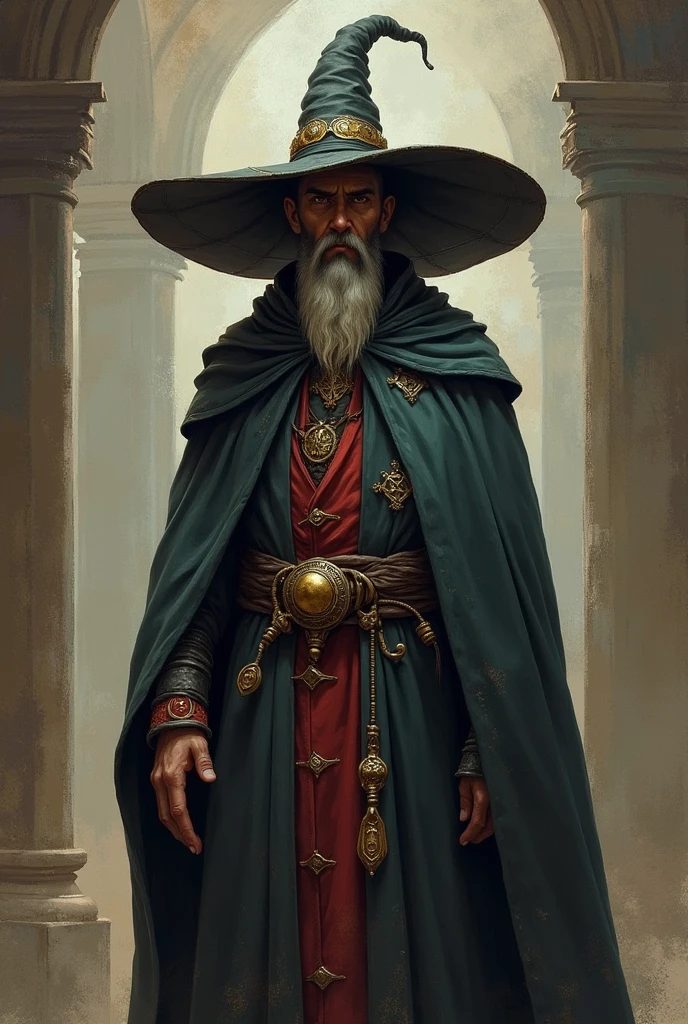 Chaplain Roger, mago do Big hat, wizard sorcerer, Big hat, fantasy RPG, dungeons and dragons, pintura de um mago de Big hat, The Elder Scrolls II aesthetics, Kuno, old school, jovem mago, 40 year old