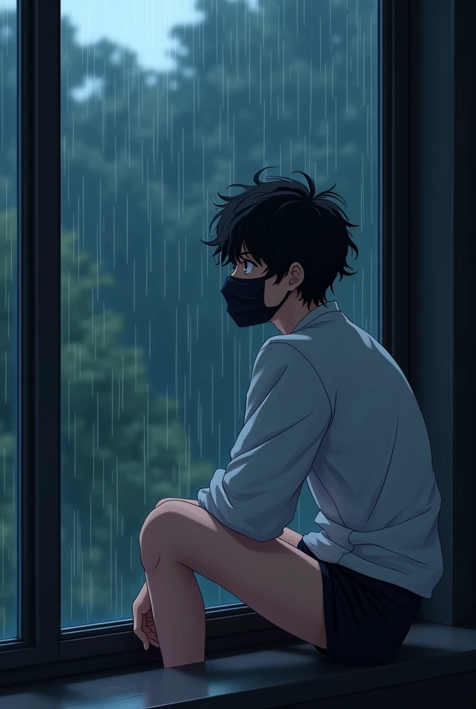 Anime boy with black curly hair wearing a white dress shirt with long sleeves and black boxer briefs wearing a black surgical mask sitting in an anime pose in front of a window with a rainy forest landscape at night, realistic anime 3d style, Ilya Kuvshinov. 4K, anime styling, photorealistic anime, Guweis style, Anime CG Art, pose de anime, front-facing