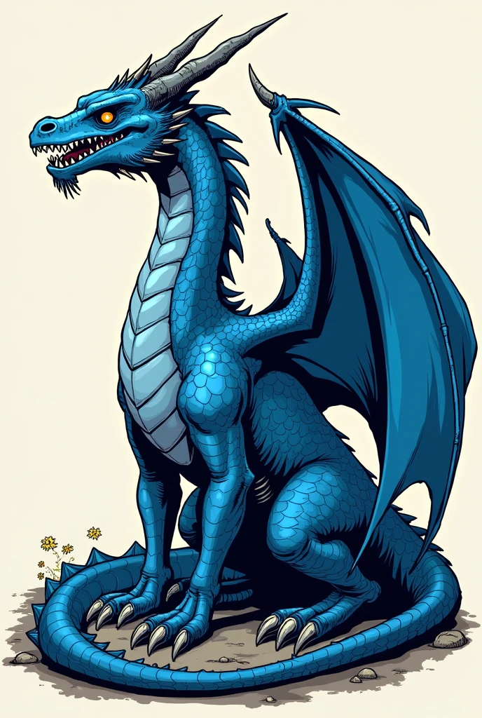 Create a blue dragon similar to the one featured on the box of the latest D&D introductory kit. The dragon should have a broken horn and a scar on its left eye, which is blind and marked by an explosion. The wings should show signs of damage, with some areas appearing torn or cut. Maintain the overall majestic and fearsome appearance of the dragon, while highlighting the battle-worn features. Use bold outlines and flat colors typical of traditional comic book art, with a plain background to emphasize the dragon's detailed, damaged features