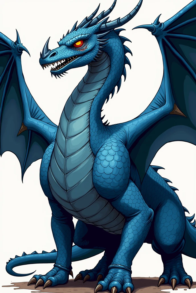 Create a blue dragon similar to the one featured on the box of the latest D&D introductory kit. The dragon should have a broken horn and a scar on its left eye, which is blind and marked by an explosion. The wings should show signs of damage, with some areas appearing torn or cut. Maintain the overall majestic and fearsome appearance of the dragon, while highlighting the battle-worn features. Use bold outlines and flat colors typical of traditional comic book art, with a plain background to emphasize the dragon's detailed, damaged features