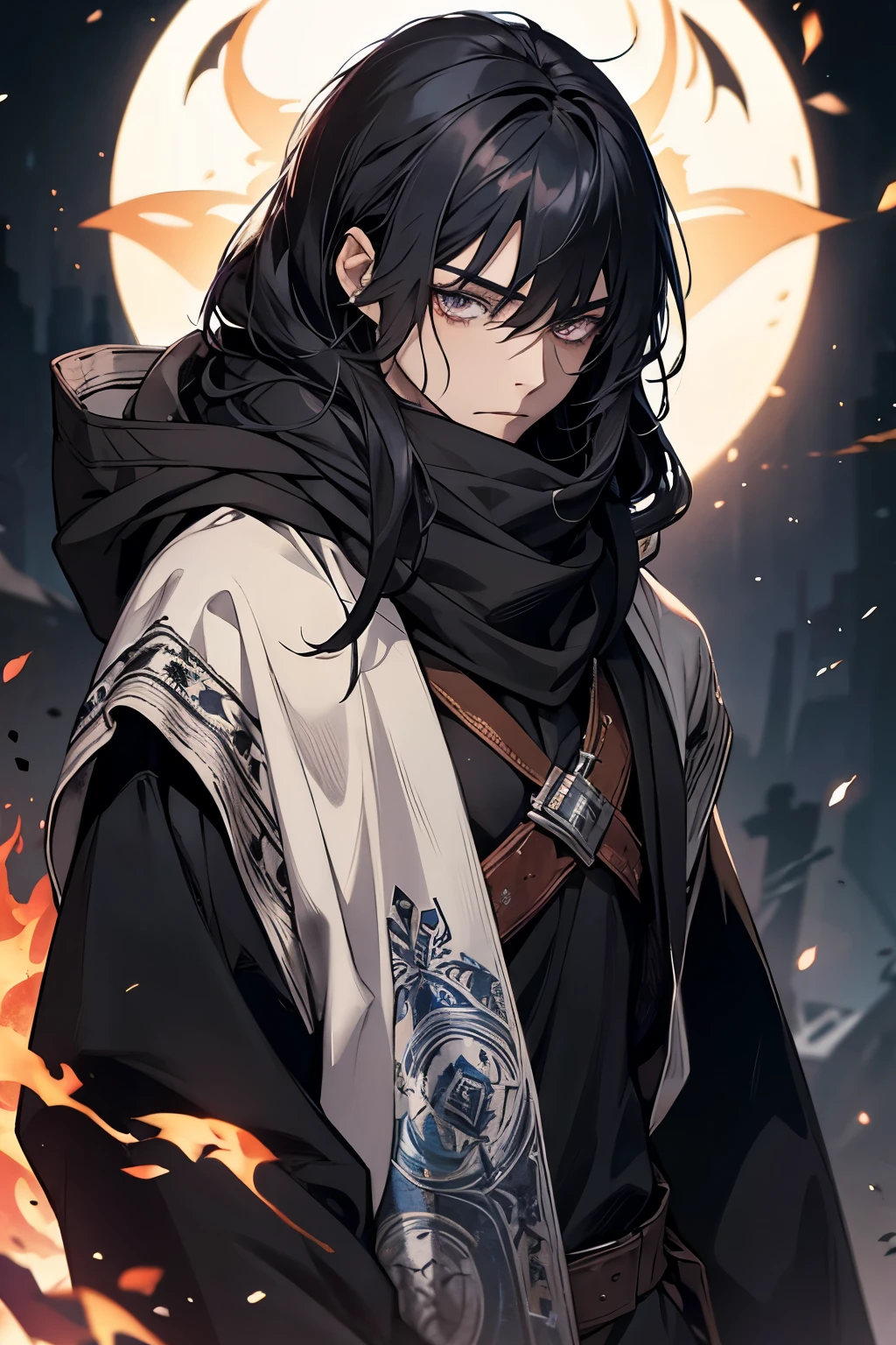 male, medium long length hair with bangs, black hair, blue-grey eyes, beautiful, black tattoos, lean body, hooded scarf, rogue mage, pyromaniac, medieval