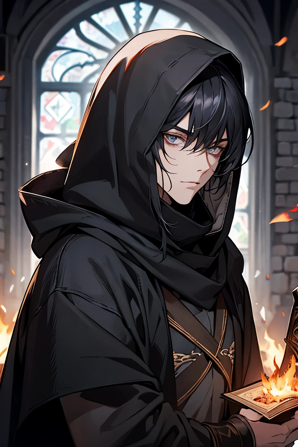 male, medium long length hair with bangs, black hair, blue-grey eyes, beautiful, black tattoos, lean body, hooded scarf, rogue mage, pyromaniac, medieval