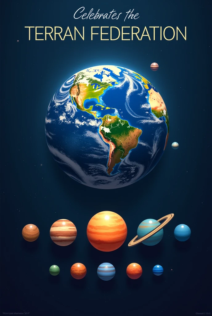 flag of terran federation, inspired by the european union flag, planet earth in the middle, seven diferent planets on the botton, an phrase of freedom on the top
