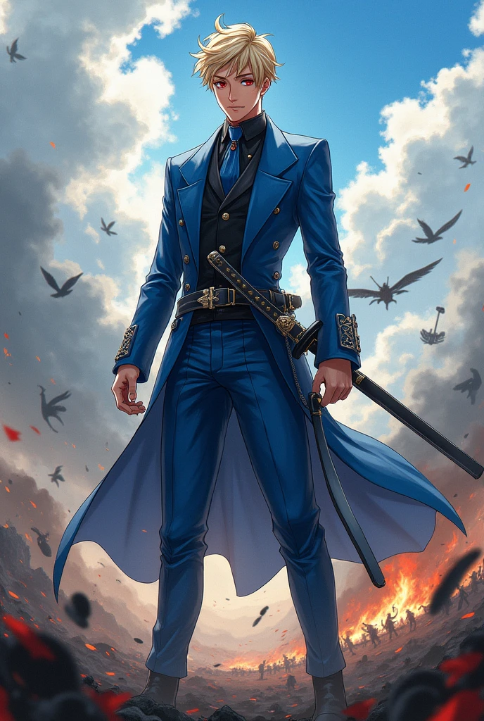 a handsome man,1 boy, Blonde hair, red eyes, at 1, young but attractive face, Modeling look but warm, with a blue prince suit , with anime drawing style , with a samurai sword, in the middle of a battlefield