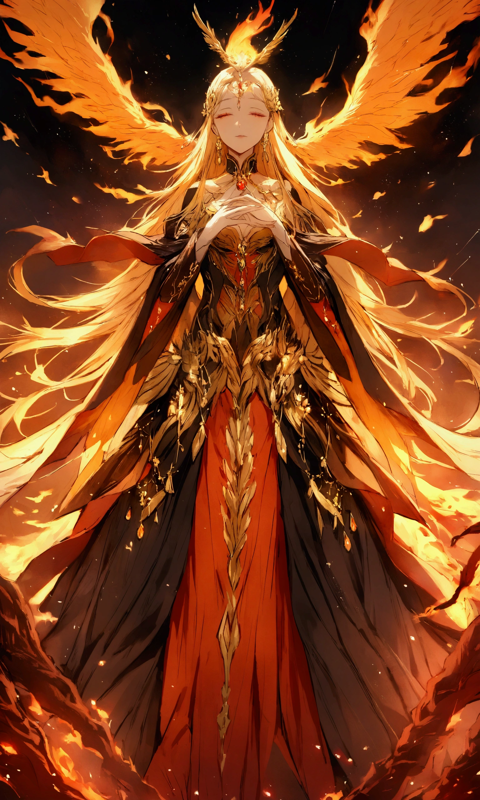 The Phoenix also known as the Fenghuang is a divine figure bird with a body made of beautiful flames, the whole area is in great flames and raining fire, burning everything down and starting all over again, the ruler of reincarnation and eternity, behind it a pitch-black space will be left and everything will burn up, a dazzling light will remain and a new life will begin