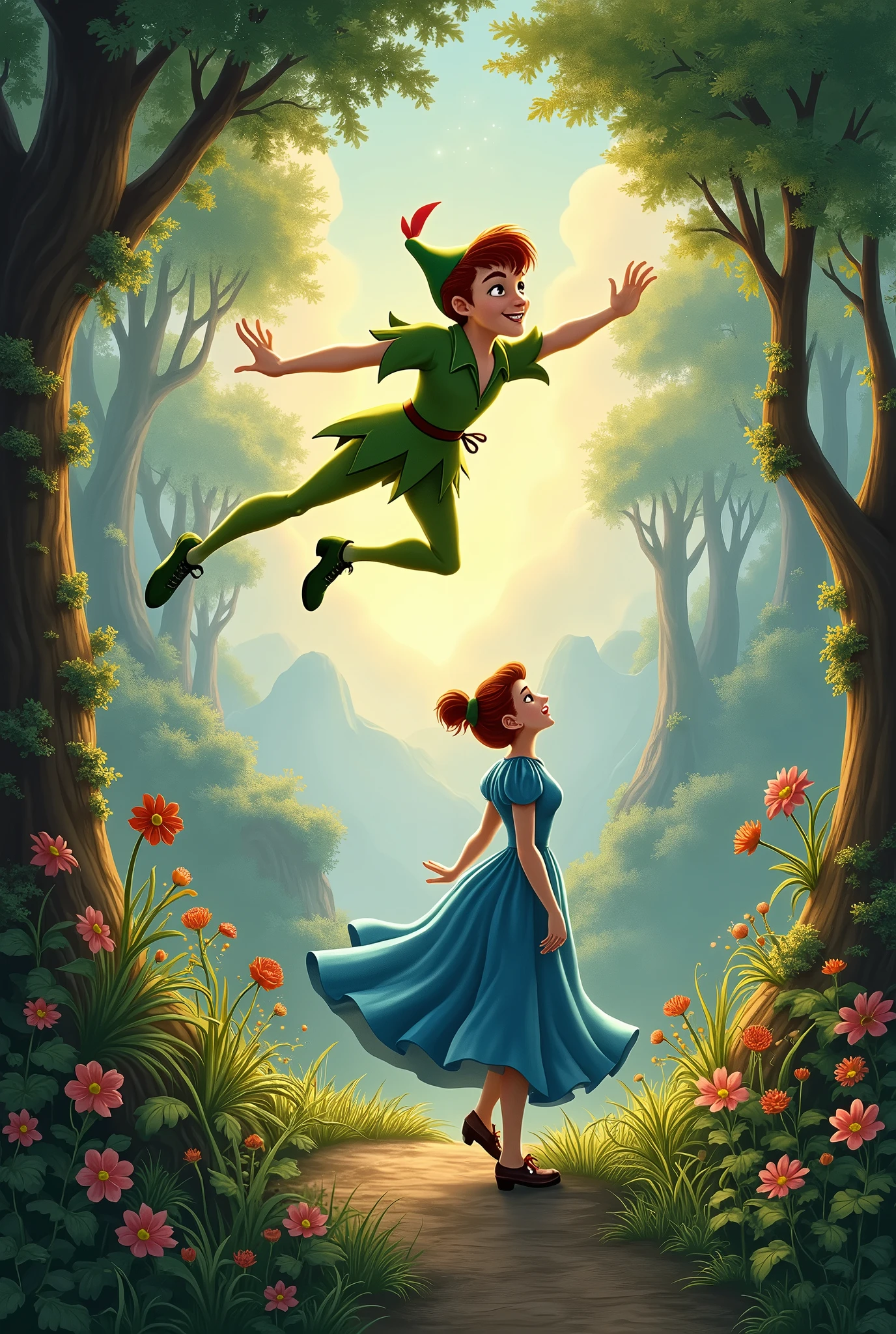 Peter Pan flying over Wendy wearing a blue dress in Neverland