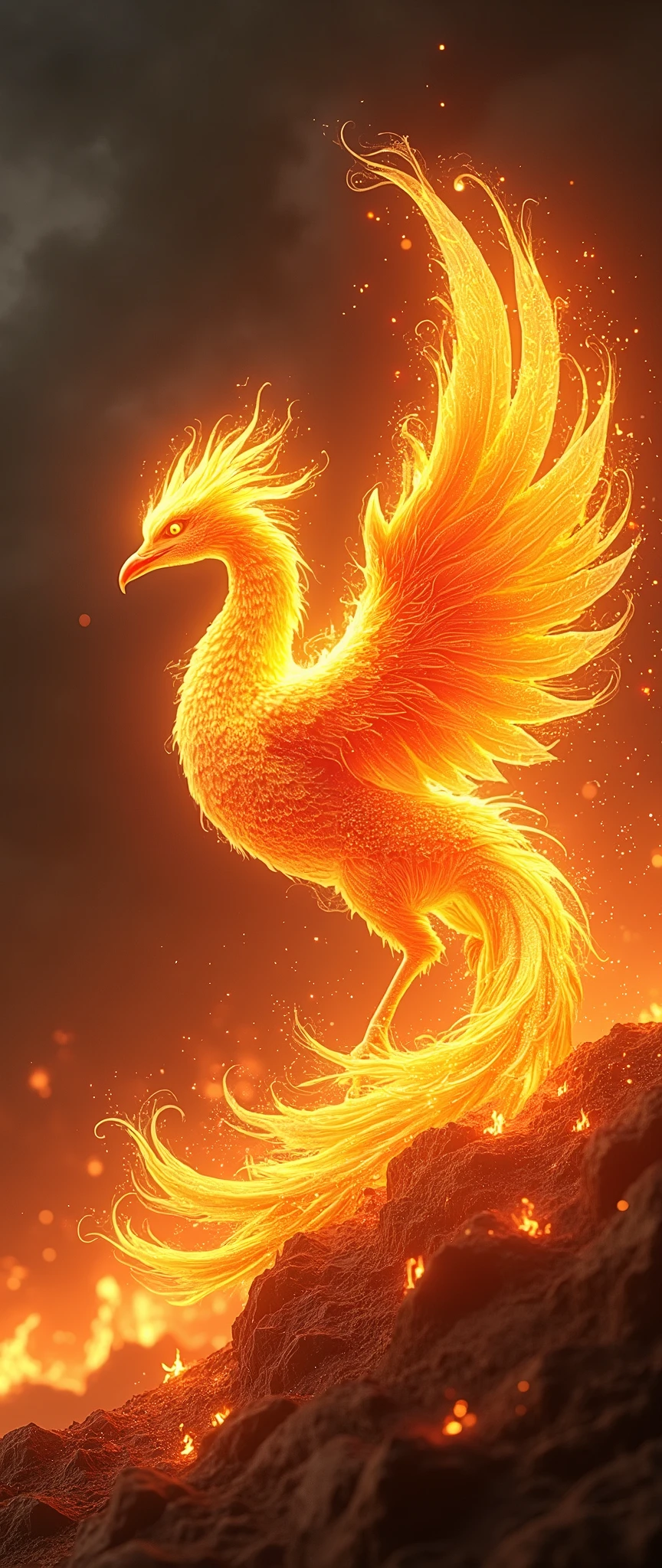The Phoenix also known as the Fenghuang has a divine figure with a body made of beautiful flames, the whole area is in great flames and raining fire, burning everything down and starting all over again, the ruler of reincarnation and eternity, behind it a pitch-black space will be left and everything will burn up, a dazzling light will remain and a new life will begin