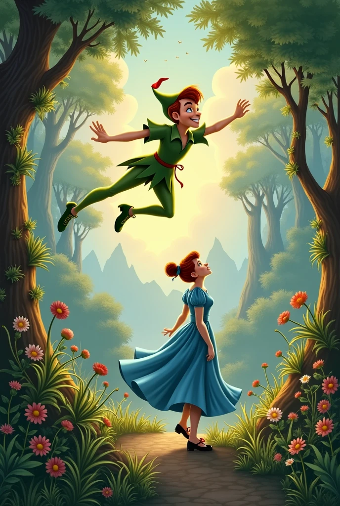 Peter Pan flying over Wendy wearing a blue dress in Neverland 