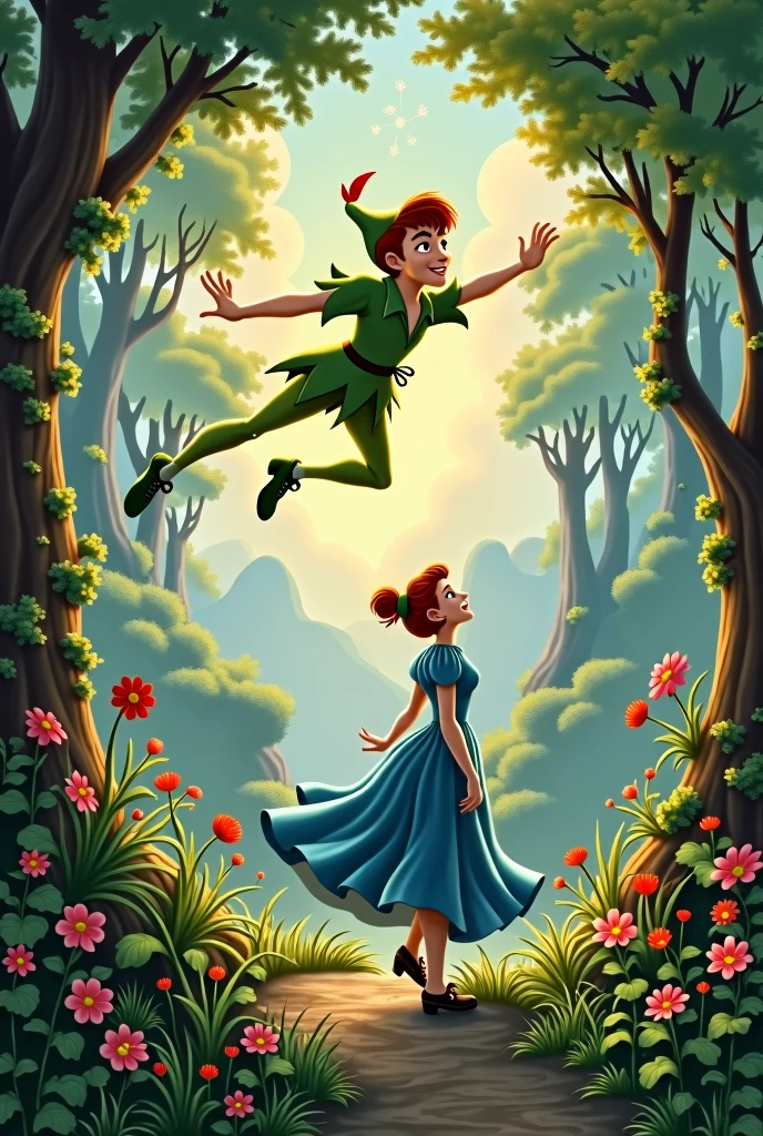 Peter Pan flying over Wendy wearing a blue dress in Neverland