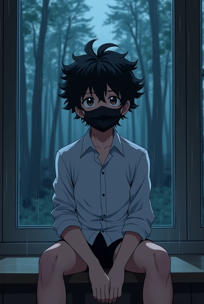 Anime boy with black curly hair wearing a white dress shirt with long sleeves and black boxer briefs wearing a black surgical mask sitting in an anime pose in front of a window with a rainy forest landscape at night, realistic anime 3d style, Ilya Kuvshinov. 4K, anime styling, photorealistic anime, Guweis style, Anime CG Art, pose de anime, frontal photo