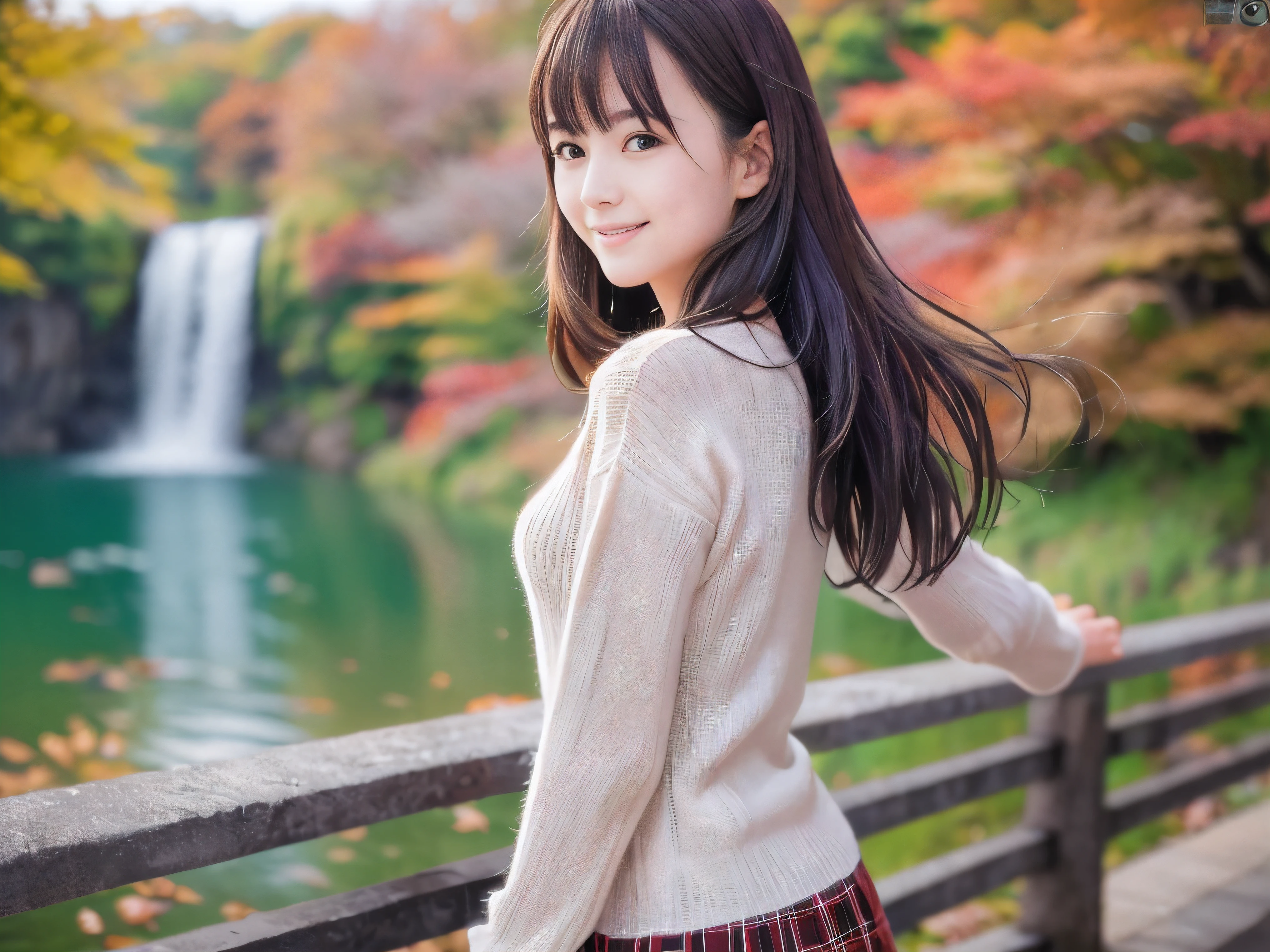 (Close up face shot of one slender small breasts half up brown long hair with bangs girl in a long sleeves shirt and sweater and skirt:1.5)、(One girl is dancing with happy smile on the dart road near the lake and big waterfall in Japan:1.5)、(Beautiful autumn red leaves landscpe:1.5)、(Natural light:1.5)、(8k ultra detailed master piece:1.5)、(perfect anatomy:1.5)、(Photorealistic stick:1.5)、(Raw photo:1.3)、(highest quality:1.5)、(High resolution:1.3)、(Delicate and beautiful perfect face:1.3)、(Delicate and beautiful eye air skin:1.3)、(Real Human Skin:1.3)、((thin legs))