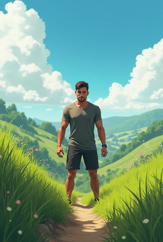 Alex at the foot of a small hill, determinedly preparing to climb with a focused look on his face.