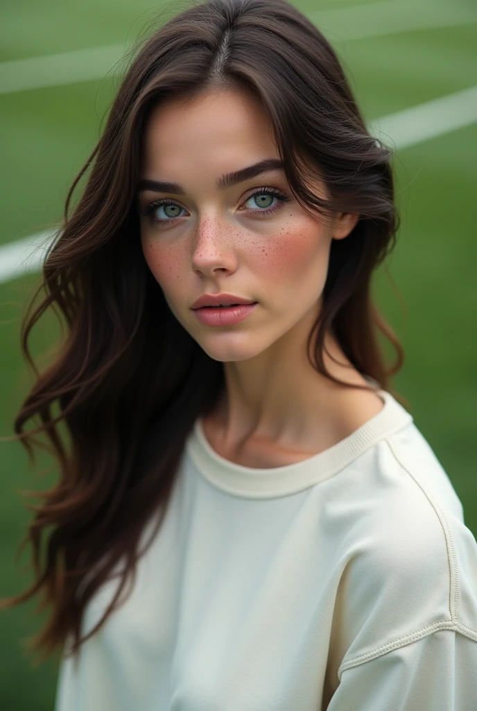 A realistic image of a woman with dark brown hair, blue eyes, very beautiful, with a white sweatshirt, that has freckles, background a rugby field