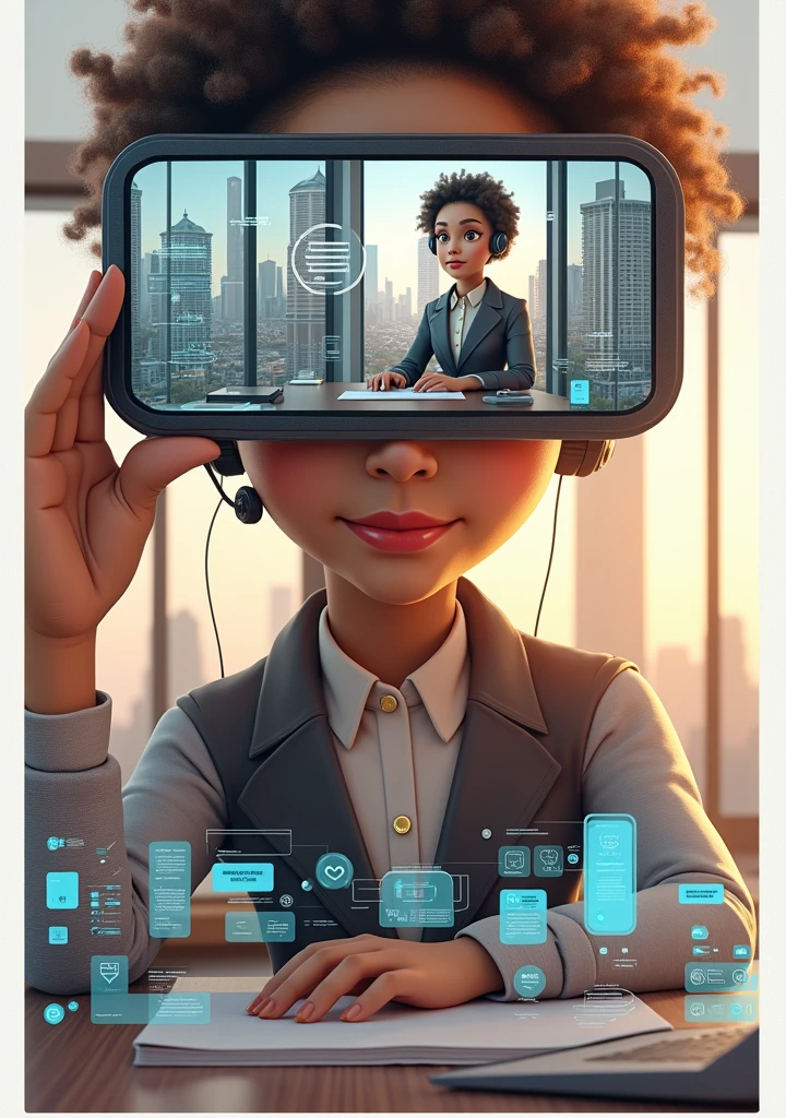 Create an image of a young woman resembling Andy Allo, working as a customer service representative in a futuristic setting. She has medium-length, curly hair with a golden brown hue and a warm skin tone. She is wearing a casual yet professional outfit, like a fitted jacket over a simple blouse. The setting around her is a high-tech office space with holographic screens and digital interfaces floating around her. She is seated at a sleek desk with a headset on, and her expression is focused yet approachable, capturing the charm and elegance similar to Andy Allo. The background features large windows showing a cityscape with tall buildings and a bright, clear sky.