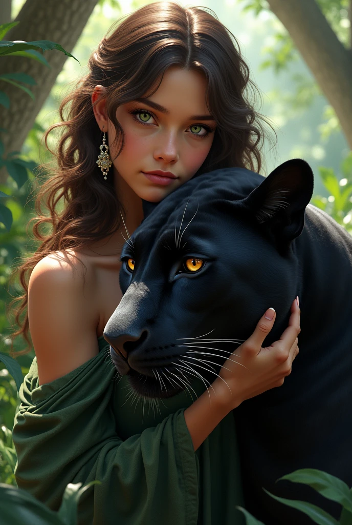 A girl with wavy chocolate-colored hair and green eyes and gemstone earrings protecting a black panther with brown eyes