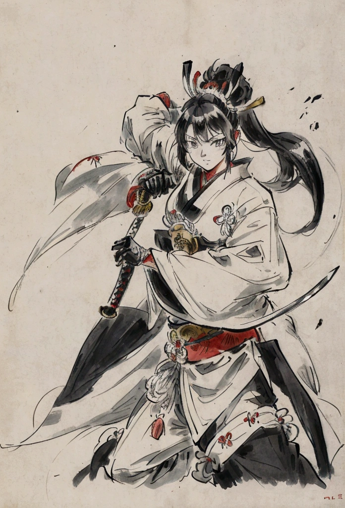Anime Character Design　Anime Character Reference Sheet　Concept Character　black and white manga style　Taisho Romance　action　Japanese sword　man　Women　samurai　delicate