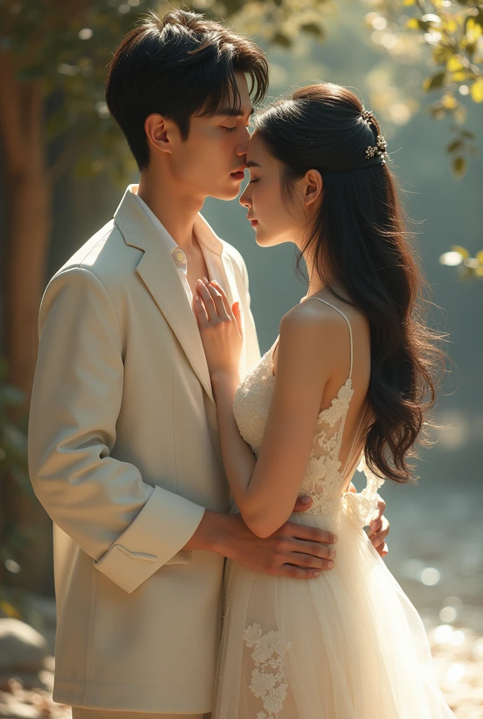 korean woman, shoulder-length black hair, appealing, 1 young man, appealing, wearing a long white lace dress.